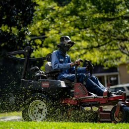 Person on a lawn mower cutting grass in a sunny, green park.